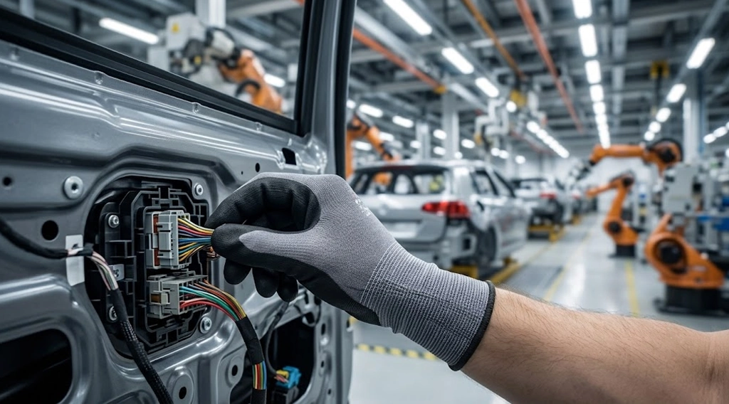 Automotive worker wearing ultra-thin nitrile coated glove assembling precision wire harness