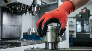 Worker wearing nitrile coated glove handling oily metal machine part in CNC workshop