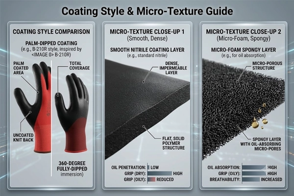 Comparison between smooth nitrile and micro-foam nitrile coating texture for oily grip