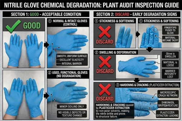 Visual inspection guide showing signs of chemical degradation on nitrile gloves such as swelling and hardening