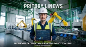 EHS manager reviewing PPE Total Cost of Ownership (TCO) analytics on a digital tablet in a modern manufacturing plant