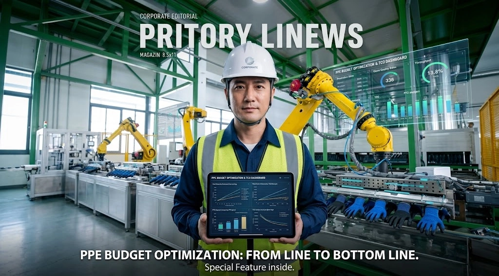 EHS manager reviewing PPE Total Cost of Ownership (TCO) analytics on a digital tablet in a modern manufacturing plant