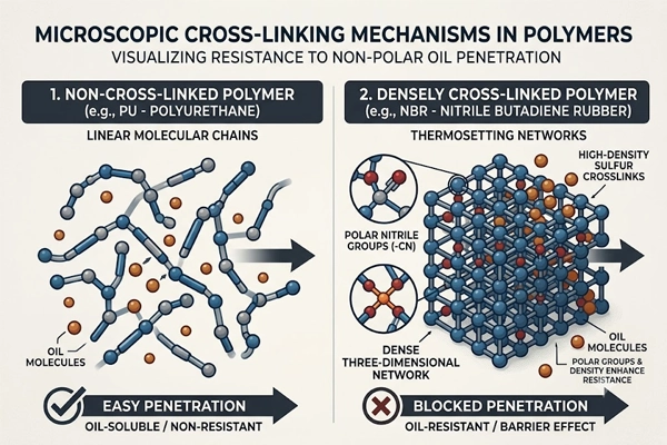 Diagram of nitrile polymer cross-linking density blocking non-polar oil molecules