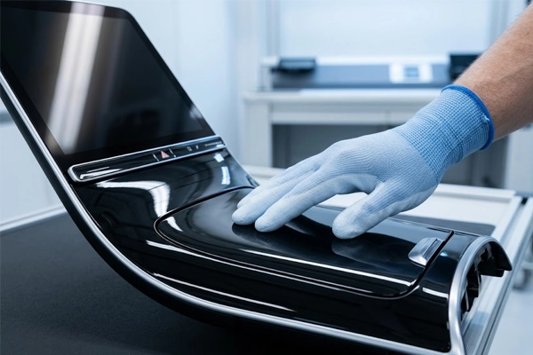 Technician wearing SQG B-318-BIO non-marking gloves handling high-gloss piano black dashboard trim and touchscreen display.