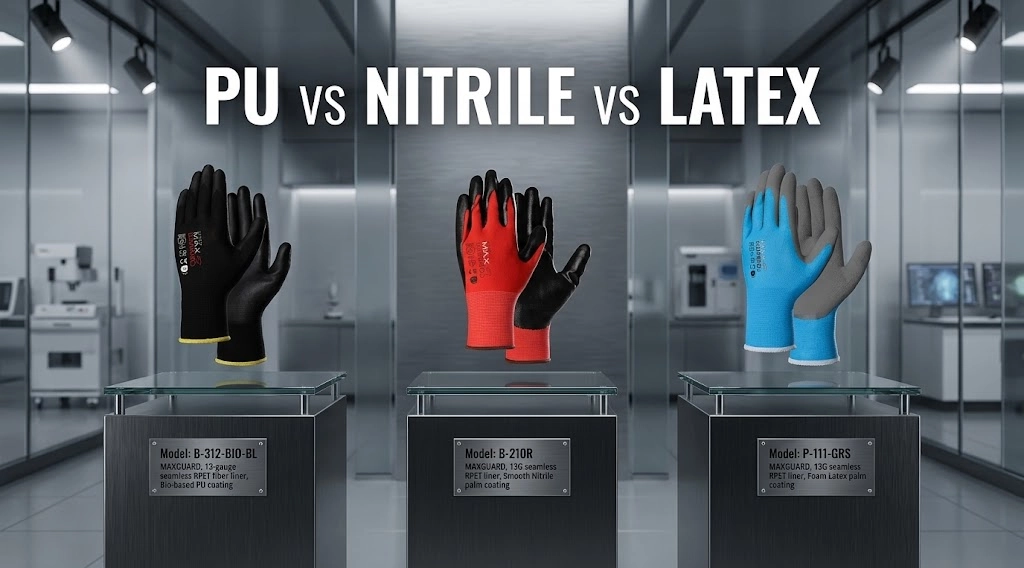 PU coated vs nitrile vs latex work gloves comparison for industrial precision assembly and heavy duty manufacturing