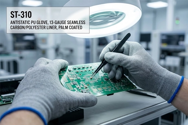 operator handling sensitive PCB board wearing esd safe pu coated work gloves on SMT assembly line