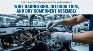Automotive assembly technician wearing SQG B-318-BIO 18-gauge flexible assembly gloves installing dashboard electronics in an electric vehicle cockpit.