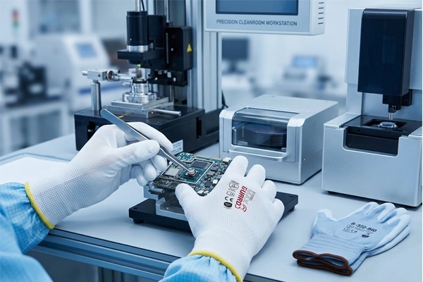 SQG cleanroom lint-free PU gloves B-312-BIO-WL and B-322-BIO used in precision wafer handling and optical assembly