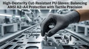 Technician wearing SQG P3-310 18-gauge cut-resistant PU coated gloves handling sharp sheet metal parts with tactile precision.