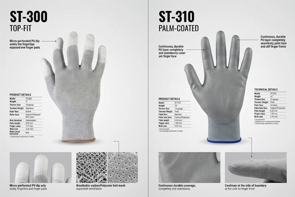 comparison of ST-300 top fit finger coated and ST-310 palm coated esd safe pu coated work gloves