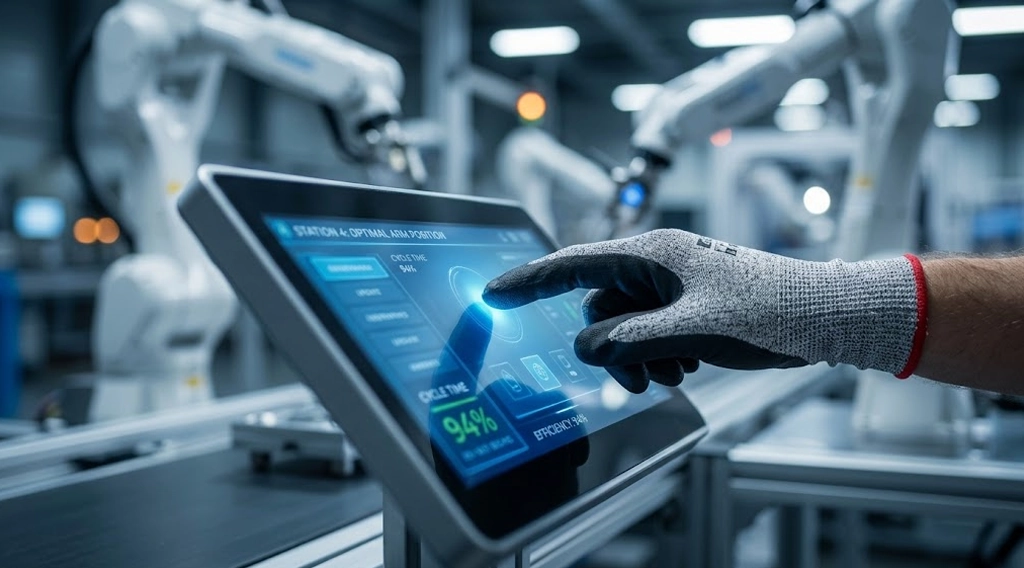 Worker wearing 18-gauge touchscreen compatible nitrile coated gloves operating an industrial capacitive HMI display