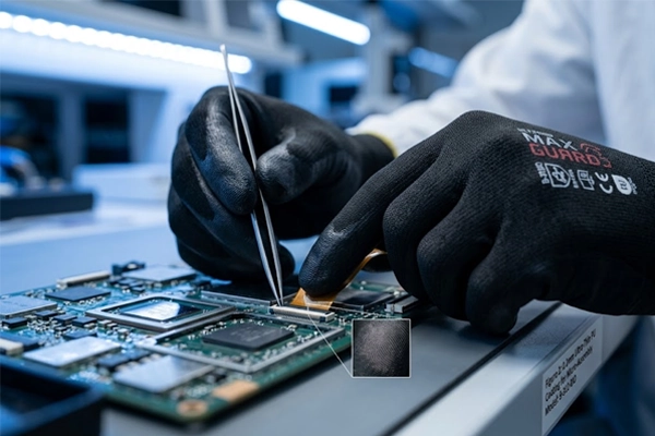0.2mm ultra thin PU palm coated work gloves providing bare hand tactile precision for micro electronics assembly