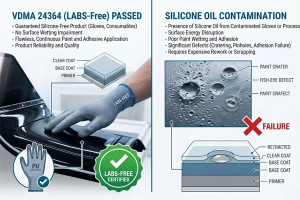 Technical diagram showing VDMA 24364 compliant silicone-free PU gloves preventing paint cratering and fish-eye defects on vehicle panels.