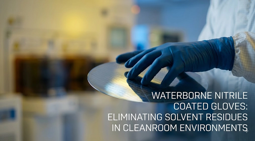 Waterborne nitrile coated cleanroom gloves handling semiconductor wafer in ISO Class 5 cleanroom