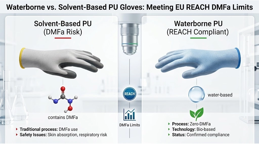 Chemical comparison between solvent-based PU coating with DMFa residue and eco-friendly waterborne polyurethane dispersion