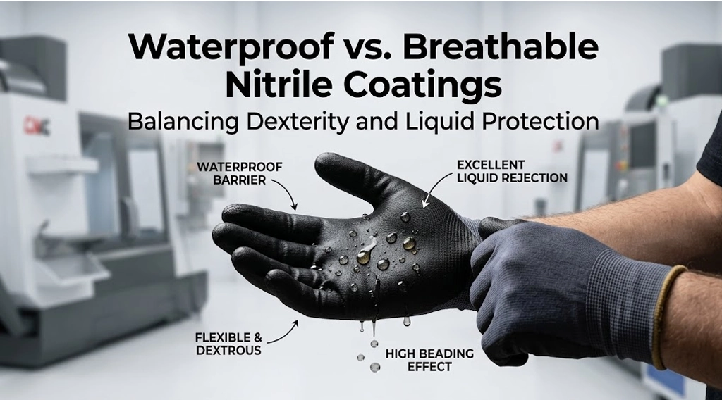 Waterproof and breathable nitrile coated safety gloves handling liquid splashes in precision machining