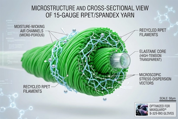 Technical microscopic cross-section of 15-gauge RPET continuous filaments twisted with elastic spandex fibers.