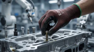 18-gauge fully coated nitrile gloves performing high-precision automotive powertrain assembly in micro-oil environment