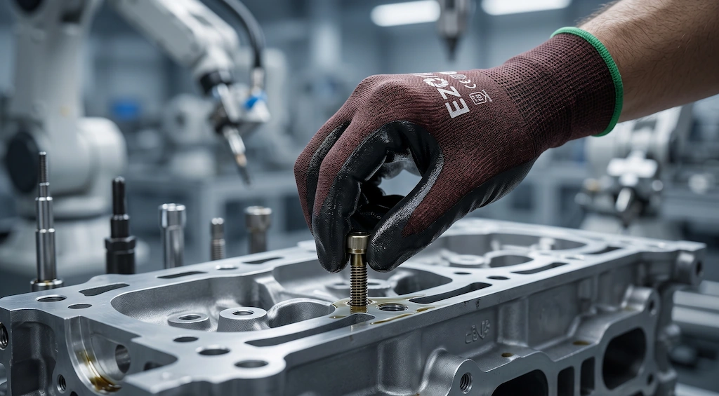 18-gauge fully coated nitrile gloves performing high-precision automotive powertrain assembly in micro-oil environment
