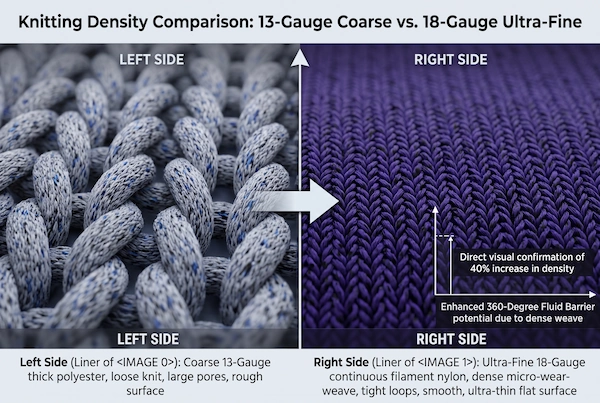 Microscopic comparison between 18-gauge high density nylon loops and standard 13-gauge coarse glove knitting structure