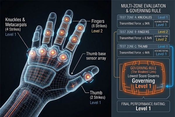 anatomical impact testing zones for industrial gloves covering knuckles fingers and thumb under ansi isea 138 standard