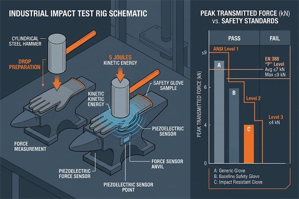 drop weight impact test rig showing peak transmitted force thresholds for ansi isea 138 level 1 2 3 vs en 388