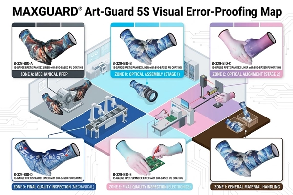 Display of MAXGUARD B-329-BIO series styles A to E mapped to automotive assembly, inspection, and packaging zones.