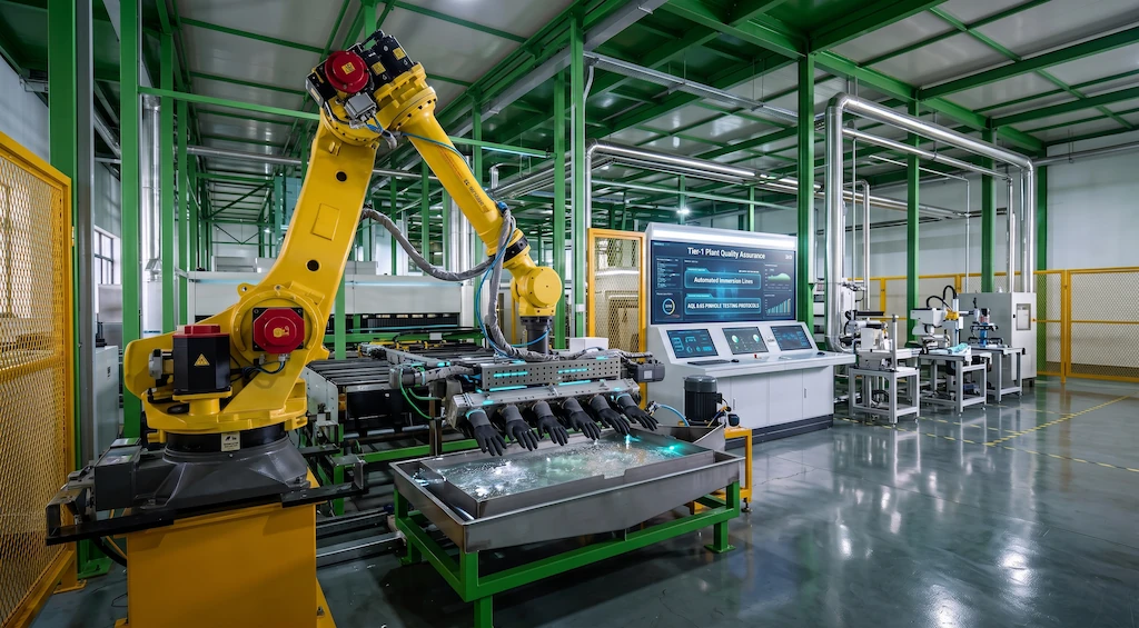 Automated multi-axis immersion line in a tier-1 plant for chemical glove manufacturing pinhole inspection