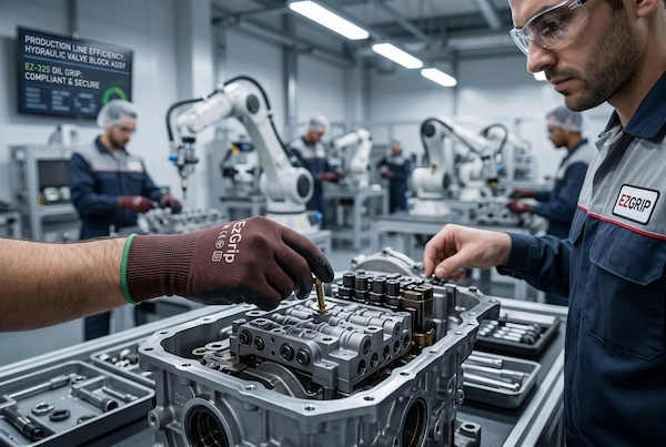 Assembly worker using 18-gauge fully coated nitrile gloves to inspect hydraulic valves and tighten bolts