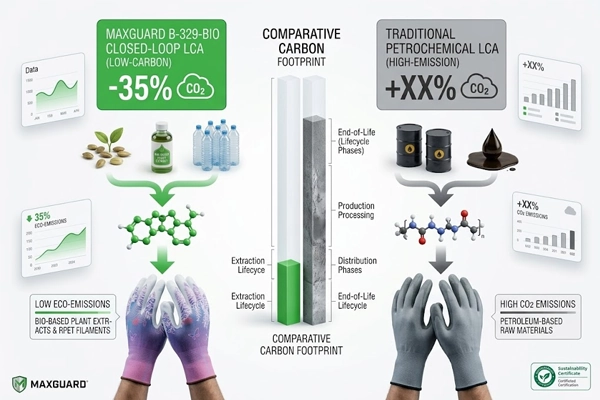 Comparison diagram illustrating 35% Scope 3 carbon reduction of bio-based PU and RPET vs virgin petroleum gloves.