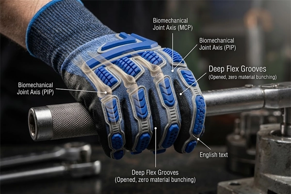 Segmented flex grooves aligned with DIP, PIP, and MCP finger joints in advanced tpr impact gloves engineering
