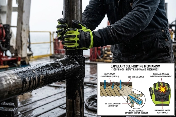 BM-701 heavy duty oil and gas safety glove featuring fluorescent corded palm for drilling mud grip and full back impact armor
