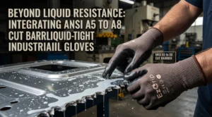 Chemical and cut resistant work gloves handling sharp stamped metal parts drenched in industrial cutting fluid