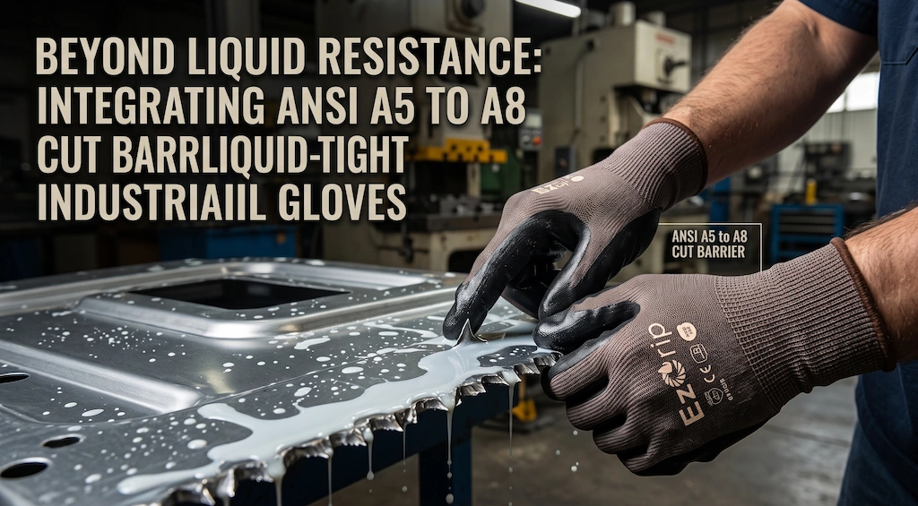 Chemical and cut resistant work gloves handling sharp stamped metal parts drenched in industrial cutting fluid
