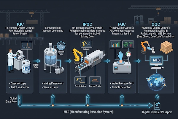 Process flow diagram mapping quality control gates from raw polymer resin inspection to palletized digital batch archiving