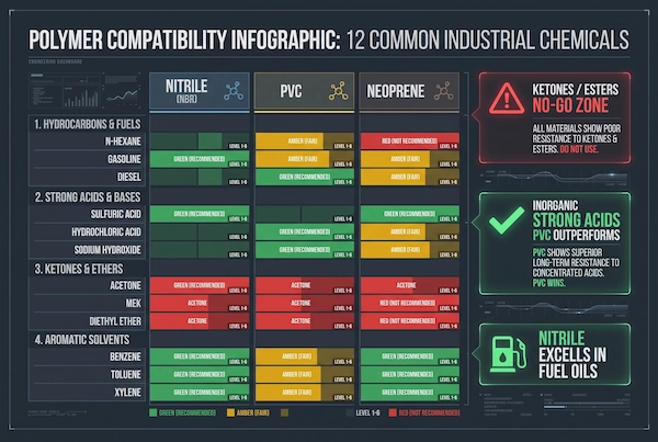 engineering compatibility chart comparing nitrile vs pvc chemical resistance across 12 industrial hazardous media indexed by CAS