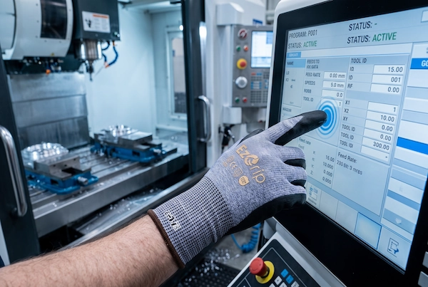 Worker operating a CNC touchscreen panel wearing EzGrip EZB4-313 cut-resistant gloves with integrated conductive steel microfibers