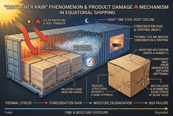 Cross-section diagram illustrating container rain phenomenon, condensation dynamics, and cargo stress during equatorial ocean freight
