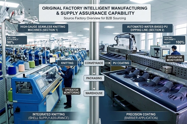 Automated constant-tension glove knitting machines and continuous waterborne PU dipping line in a manufacturing plant.