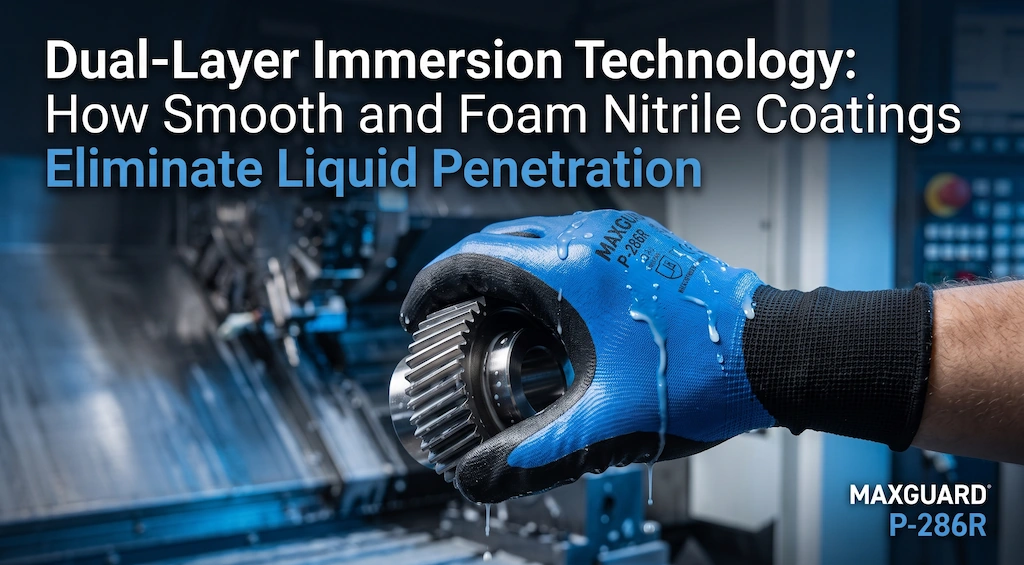 Industrial engineer testing double dipped waterproof work gloves against heavy cutting fluids in precision machining workstation