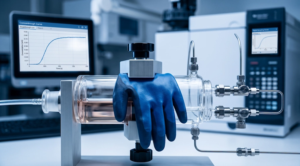 laboratory closed-loop chemical permeation test cell measuring normalized breakthrough time under EN ISO 374-1 and ASTM F739 standards