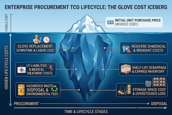Enterprise procurement TCO iceberg diagram contrasting visible unit purchase price with hidden operational downtime and liability costs