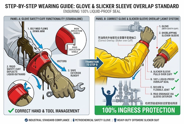 Technical illustration showing correct layering of extended safety cuff gloves under offshore heavy-duty slicker suit sleeves