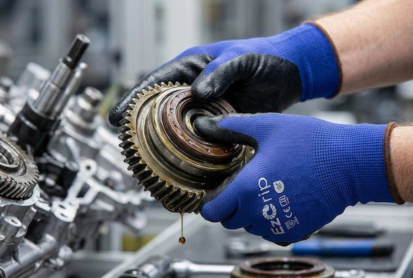 EzGrip 18-gauge fully coated nitrile gloves handling oily engine components with high dexterity and liquid barrier
