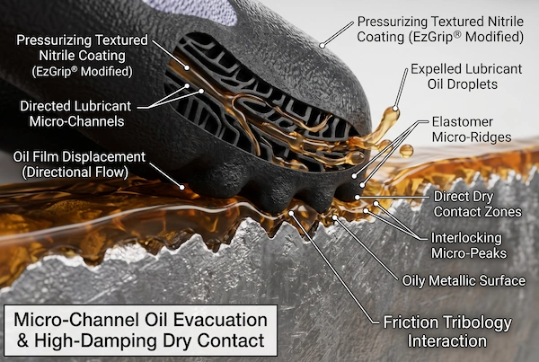 Microscopic diagram of EzGrip modified nitrile microchannels evacuating oil film to establish high-traction mechanical interlocking