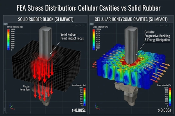 Finite element analysis comparing progressive buckling micro-cavities with solid rubber blocks in tpr impact gloves engineering