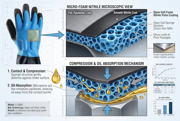 Microscopic 3D view of open-cell foam nitrile absorbing mineral oil droplets to maintain high tactile friction