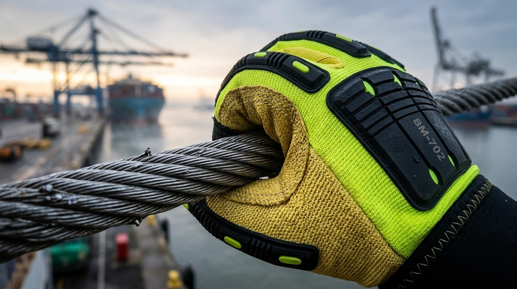 heavy duty rigging gloves with aramid thumb crotch gripping tensioned steel wire rope