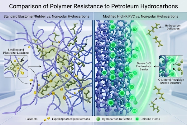3D scientific diagram of polymer swelling and plasticizer leaching versus dense PVC hydrocarbon barrier mechanism