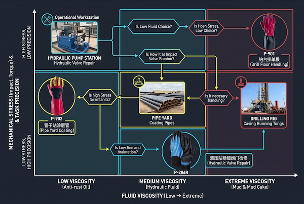 Engineering decision flowchart mapping P-901, P-902, and P-286R gloves to specific tubular handling and maintenance workstations